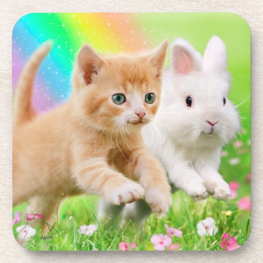 Kitten en Bunny met regenboog Onderzetter (Voorkant)