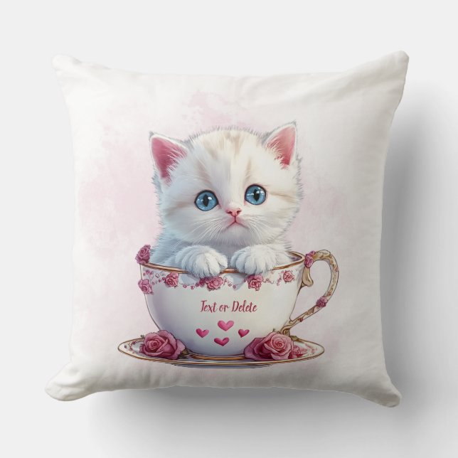 Kitten en Coupe Fleurs roses Jeter Oreiller (Recto)