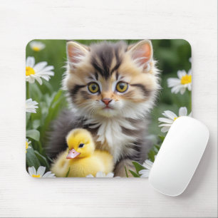 Kitten en eendje in madeliefjes muismat