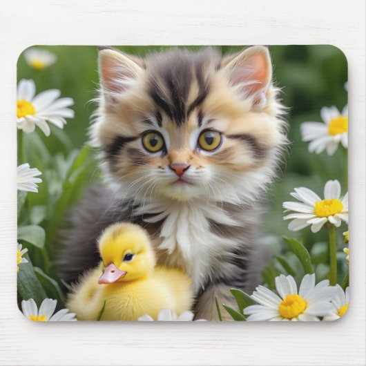Kitten en eendje in madeliefjes muismat (Voorkant)
