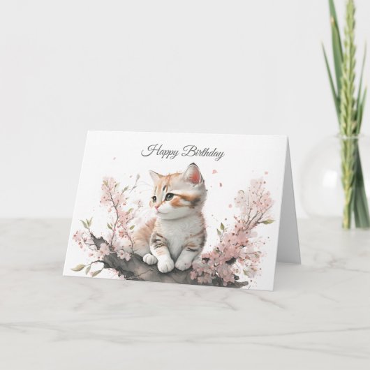 Kitten en Fleurs roses Carte d'Anniversaire (Devant)