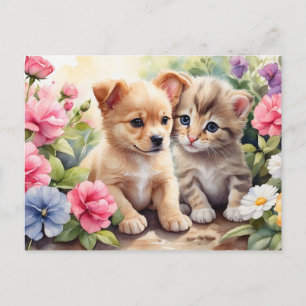 Kitten en Puppy in de bloementuin Illustratie Briefkaart
