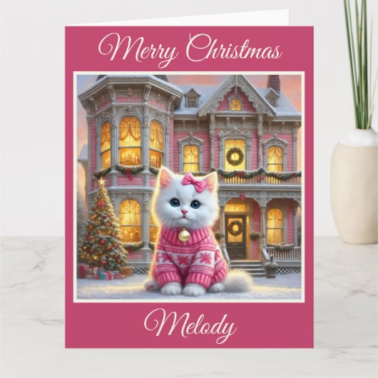 Kitten en Roze Victoriaans Huis Kerst Kaart (Voorkant)