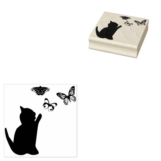 Kitten en vlinders 	rubberstempel (Gestempeld)