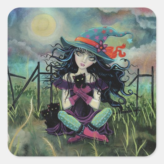 Kitten heks Fantasy Art van Molly Harrison Vierkante Sticker (Voorkant)