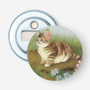  Kitten Illustratie met bloemen Button Flesopener