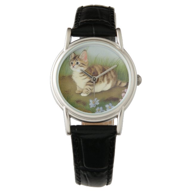  Kitten Illustratie met bloemen Horloge (Voorkant)