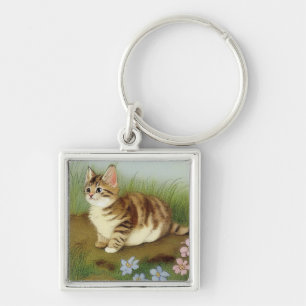  Kitten Illustratie met bloemen Sleutelhanger