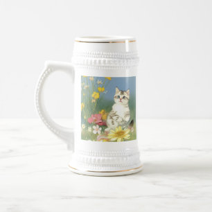 Kitten Illustratie met Gele Bloemen Bierpul