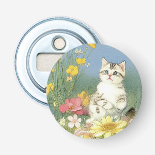 Kitten Illustratie met Gele Bloemen Button Flesopener