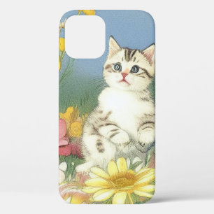  Kitten Illustratie met Gele Bloemen iPhone 12 Hoesje