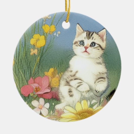 Kitten Illustratie met Gele Bloemen Keramisch Ornament (Voorkant)