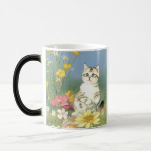 Kitten Illustratie met Gele Bloemen Magische Mok