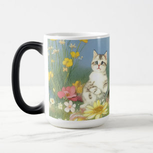 Kitten Illustratie met Gele Bloemen Magische Mok