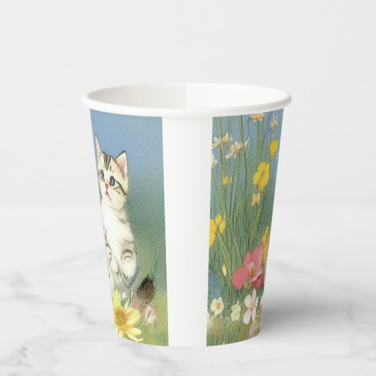  Kitten Illustratie met Gele Bloemen Papieren Bekers (Links)