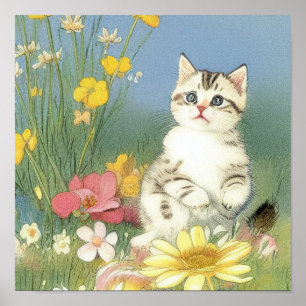  Kitten Illustratie met Gele Bloemen Poster