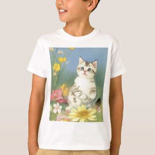 Kitten Illustratie met Gele Bloemen T-shirt