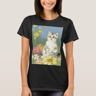 Kitten Illustratie met Gele Bloemen T-shirt