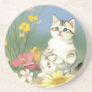  Kitten Illustratie met Gele Bloemen Zandsteen Onderzetter