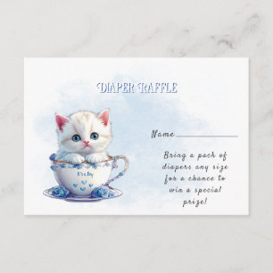 Kitten in Beker Blauwe Bloemen Baby shower Informatiekaartje