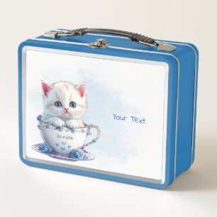 Kitten in Beker Blauwe Bloemen Metalen Lunch Box