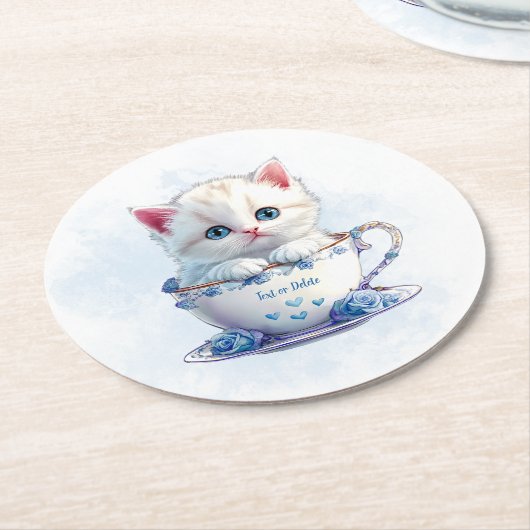 Kitten in Beker Blauwe Bloemen Papier Onderzetter (Gebogen)