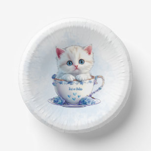 Kitten in Beker Blauwe Bloemen Papieren Bowl Kommen