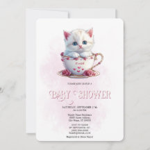 Kitten in Beker Roze Bloemen Baby shower Uitnodigi