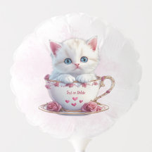 Kitten in beker roze bloemen ballon