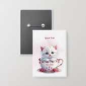 Kitten in Beker Roze Bloemen Button (Voorkant / Achterkant)