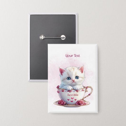 Kitten in Beker Roze Bloemen Button (Voorkant / Achterkant)