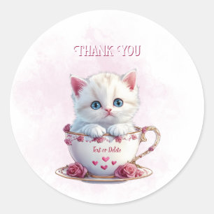 Kitten in Beker Roze Bloemen Sticker