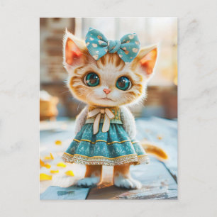 Kitten in blauwe rok en blouse feestdagenkaart
