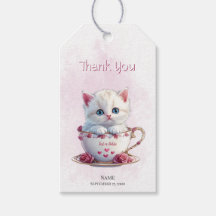 Kitten in Cup Roze Bloemen Gift Label