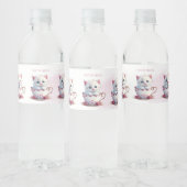Kitten in Cup Roze Bloemen Water Fles Label Waterfles Etiket (Flessen)