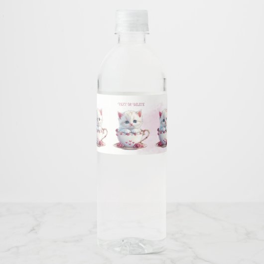 Kitten in Cup Roze Bloemen Water Fles Label Waterfles Etiket (Voorkant)