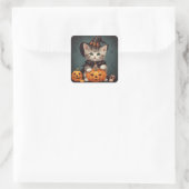 Kitten in Halloween kostuum en Jack-O'-Lantern Vierkante Sticker (Tas)
