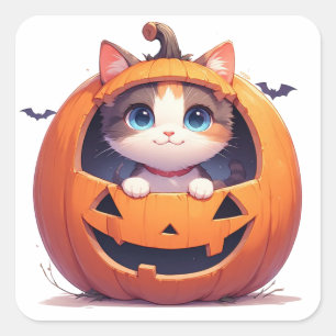 Kitten in Jack O Lantern Halloween Pret Fun 🎃 Vierkante Sticker