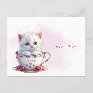 Kitten in mok met roze bloemen ansichtkaart briefkaart