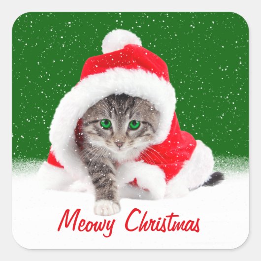 Kitten in Santa Hat en Snowflakes Vierkante Sticker (Voorkant)