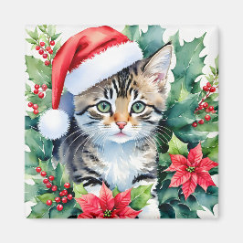 Kitten in Santa Hat Kerst Waterverf Kunst Magneet
