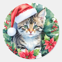 Kitten in Santa Hat Kerstkunst Ronde Sticker