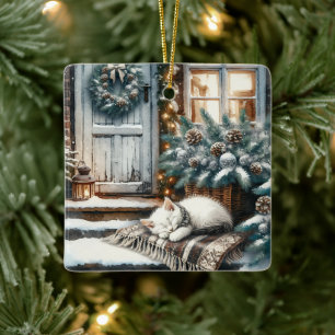 Kitten in slaap op feestelijke veranda Kerstmis Keramisch Ornament
