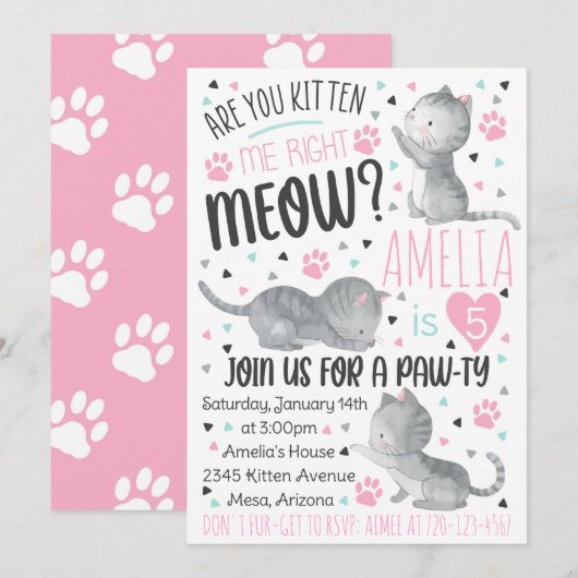 Kitten Invitation Anniversaire, Are You Kitten Me (Devant / Derrière)