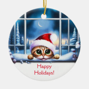 Kitten kat kerst kijken door raam keramisch ornament