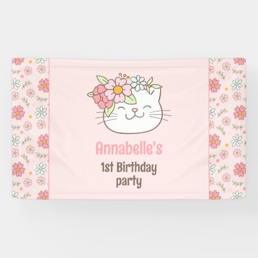 Kitten kat roze meisje 1e verjaardag spandoek