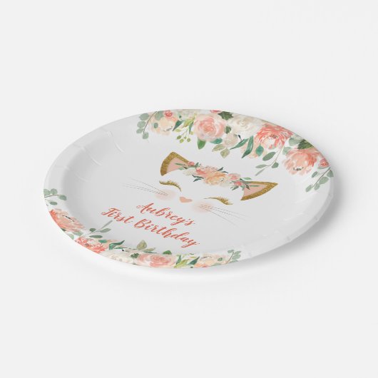 Kitten kitty kattenflorale perzikcrème jarig papieren bordje (Gekanteld)