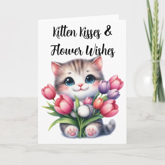 Kitten Kusjes & Bloem Wensen Mooie Tulp Kat Kaart (Voorkant)