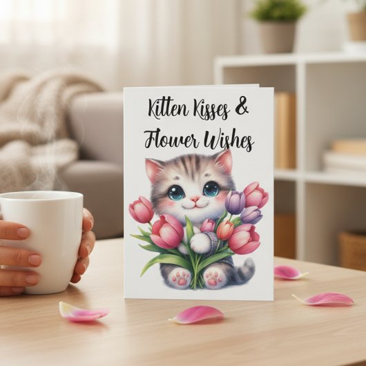 Kitten Kusjes & Bloem Wensen Mooie Tulp Kat Kaart