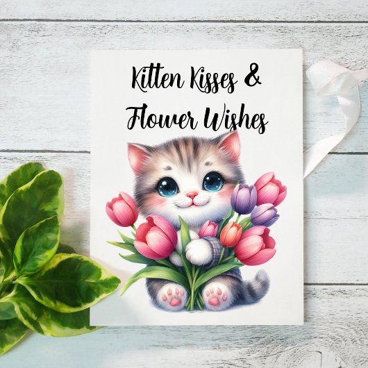 Kitten Kusjes & Bloem Wensen Mooie Tulp Kat Kaart